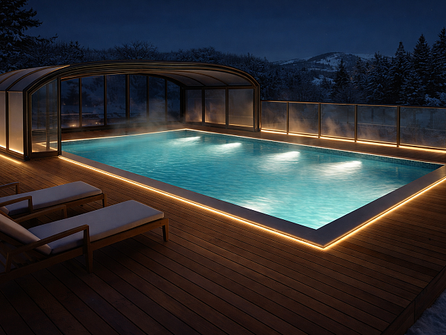 Модульный бассейн 12×5×1,6 м из двух 40-футовых морских контейнеров со сдвижной крышей